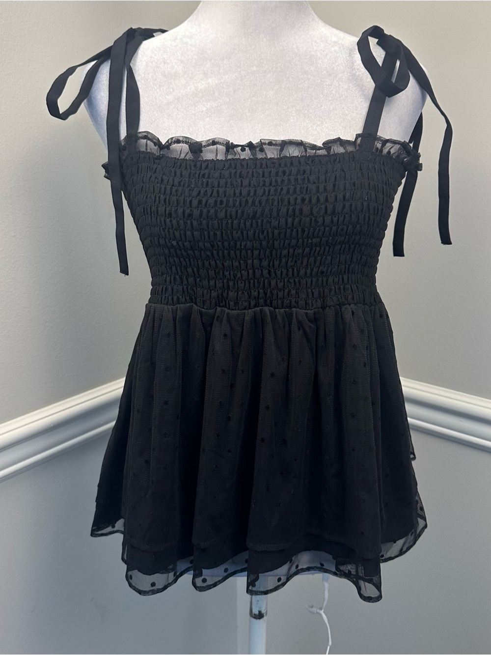 Lucky Brand Black Smocked Tie-Shoulder Peplum Camisole S